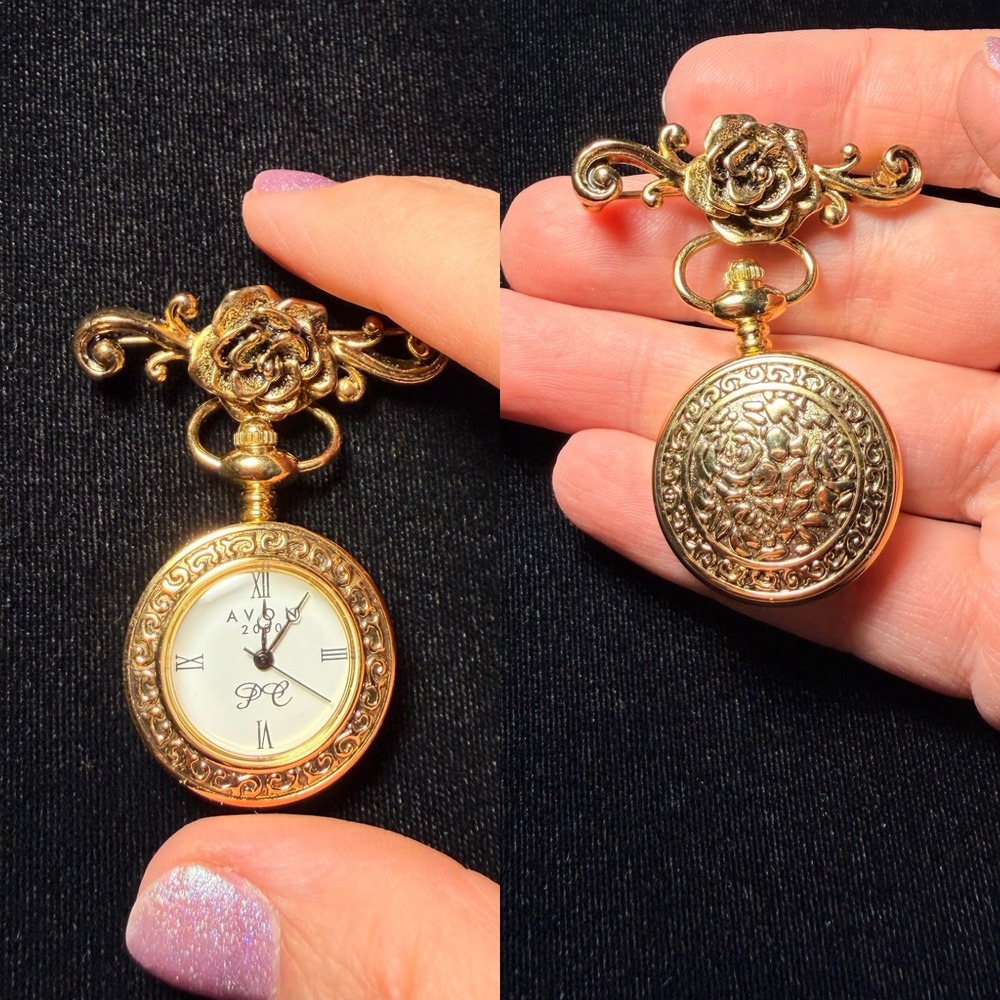 Vintage Avon 2000 Gold Tone Rose Brooch Lapel Fob Nurse's Pocket Watch Clock